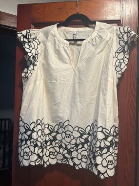 Cream Short-Sleeve Blouse with Black Floral Embroidery